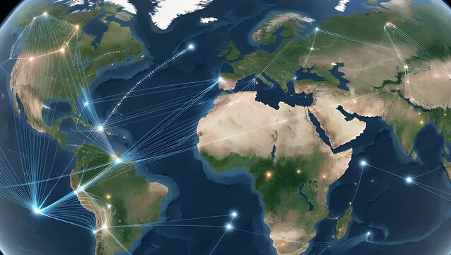Three Dimensional Rendered World Sphere Illustrating International Digital Networking Flight Paths And Responsible Corporate Commerce