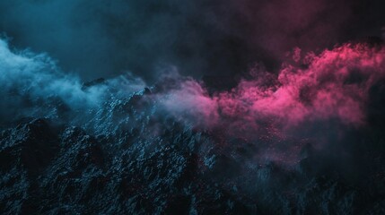 Fototapeta premium Mountainous terrain shrouded in ethereal blue and pink fog, creating a surreal landscape