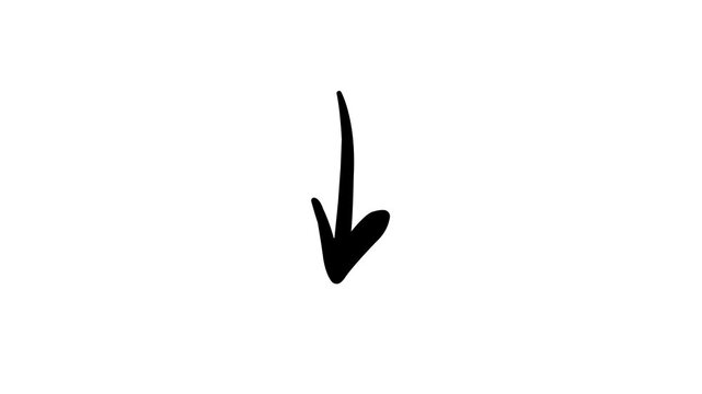 Sketched, downward, arrow, animation, white, backdrop, black, ink, style, pointer, indicator, click, here, bottom, direction, call, to, action, website, design, element, visual.
