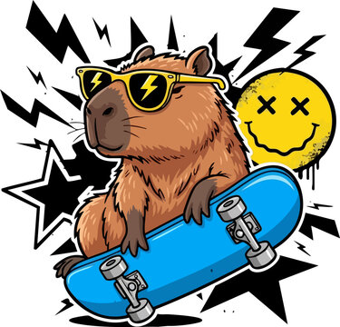 Cool capybara vector illustration wearing yellow sunglasses and holding a blue skateboard, set against a background of black lightning bolts and a distressed yellow smiley face.