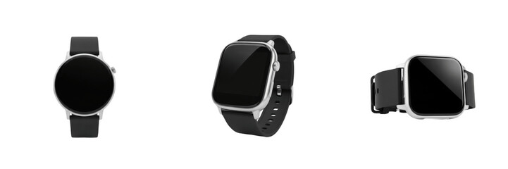 Fototapeta premium Modern Smartwatch Collection, Elegant Round and Square Digital Timepieces with Black Straps Isolated on Transparent Background, PNG Asset