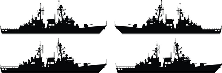 Naval warship silhouettes, military ships, radar masts, weapon systems, maritime defense, navy vessels, modern design, combat fleet, ocean security, armed forces © Dilip