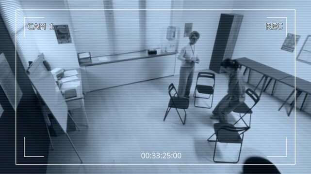 Security camera footage of therapist welcoming inmates entering room and sitting on chairs during support group meeting in correctional facility, copy space