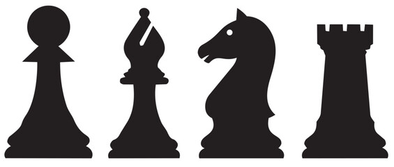 Set of Chess Piece Silhouettes: Pawn, Bishop, Knight, and Rook Icons for Strategy and Game Design © Abdul