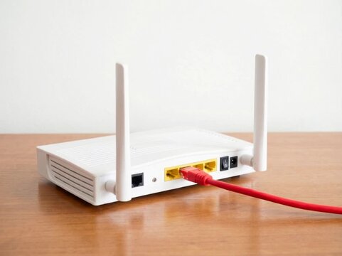 White wireless router with connected ethernet cable representing VLAN configuration for isolated network segments.