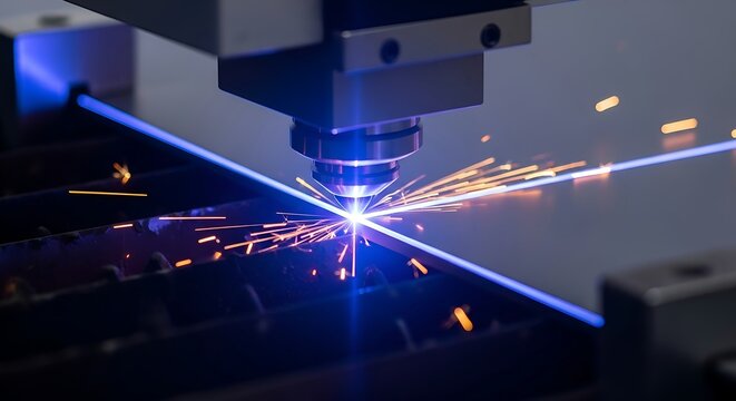 Precision laser cutting metal with sparks flying, industrial manufacturing process