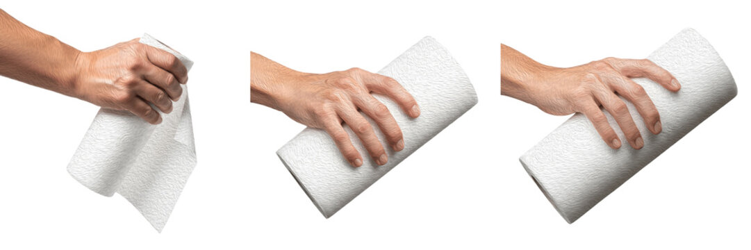 Set and collection of human hand holding and grabbing white paper towel roll in various angles, kitchen cleaning and household hygiene supplies concept isolated on white transparent PNG background