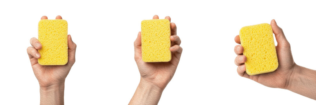 Set and collection of human hand holding yellow rectangular cleaning sponge in various angles, household chores and dishwashing hygiene concept isolated on white transparent PNG background