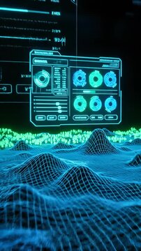 Futuristic data visualization in vertical format. Advanced technology displays 3D landscape with vibrant colors. Interactive environment shows real-time analytics for decision making.