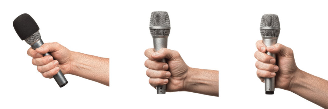 Set and collection of human hand holding professional dynamic microphone in various angles, vocal performance and journalism interview concept isolated on white transparent PNG background