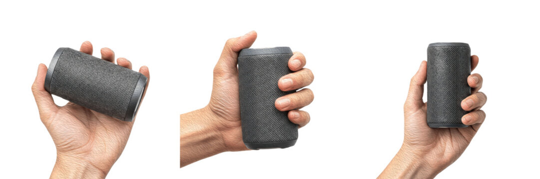 Set and collection of human hand holding cylindrical portable bluetooth speaker in various angles, wireless audio technology and outdoor music entertainment concept isolated on white transparent PNG 