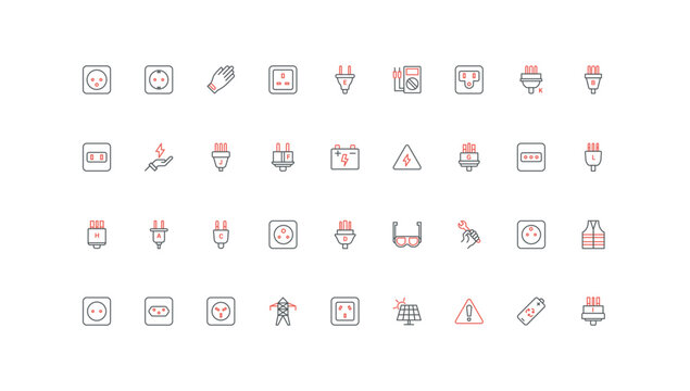 Electrical plug and socket types of different country, electrician tools line icon set. Power line and battery, switch and adapter for appliance thin black and red outline symbols vector illustration