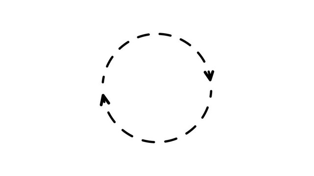 Hand-drawn, black, dashed, circle, arrows, rotating, clockwise, on, white, background, sketch, doodle, cycle, process, loop, recurrence, minimal, motion, graphics, education, scribbled.
