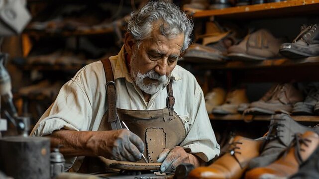Skilled craftsman's hands expertly repair leather footwear precision tools cozy, organized workshop, reflecting artisanal practice traditional shoemaking, surrounded by assorted leather goods craft