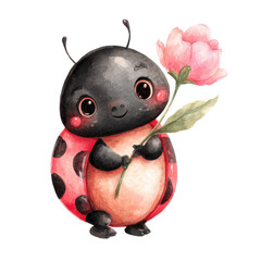 Naklejka premium Cute Cartoon Ladybug Holding Flower with Cheerful Expression