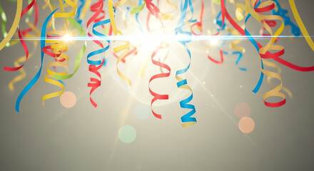 Colorful Party Streamers Falling with Bokeh Lights and Lens Flare