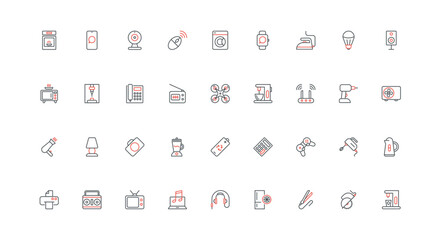Gadgets and home electrical appliances for household line icon set. Electronic devices for life comfort and cleaning, games, cooking in kitchen thin black and red outline symbols vector illustration © lembergvector
