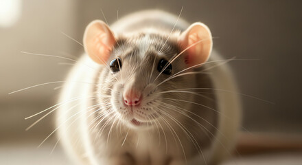 Close-up portrait of a cute domestic rat with detailed whiskers and ears