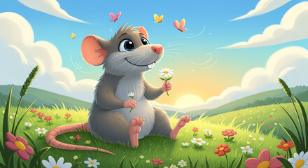Cute cartoon mouse sitting in a meadow with flowers and butterflies, enjoying nature.