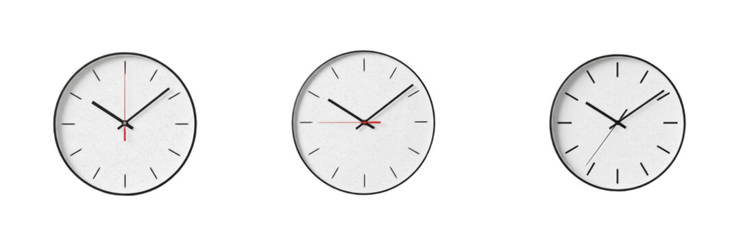 Round Wall Clock Set, Simple Analog Timepiece Collection Isolated on Transparent Background, PNG Asset