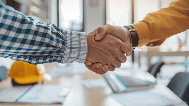 Two professionals, seated at a contemporary meeting room table, stand to finalize their negotiation with a confident handshake, surrounded by modern chairs and a sleek office environment
