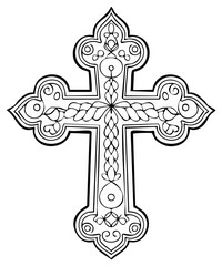 Ornate decorative Christian cross with intricate patterns line art illustration