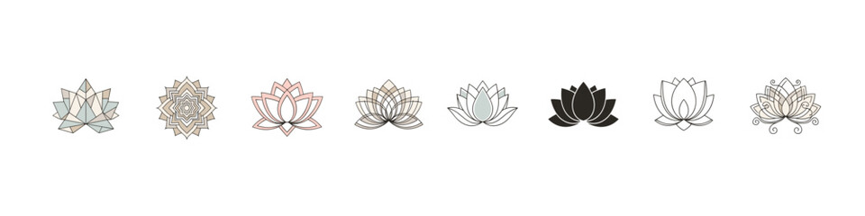 Fototapeta premium Collection of linear and geometric lotus flower designs in various styles