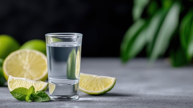 Shot of vodka with fresh lime wedges and mint on dark background, minimal bar concept, strong alcoholic drink with copy space