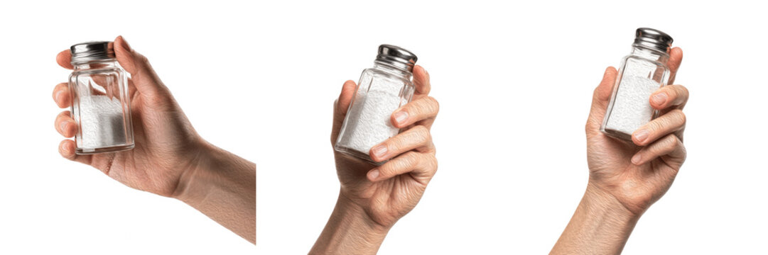 Set and collection of human hand holding glass salt shaker with white sea salt in various angles, kitchen seasoning and condiment dispenser concept isolated on white transparent PNG background