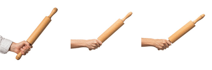 Set and collection of human hand holding wooden rolling pin in different positions, bakery tool and kitchen dough preparation concept isolated on white transparent PNG background