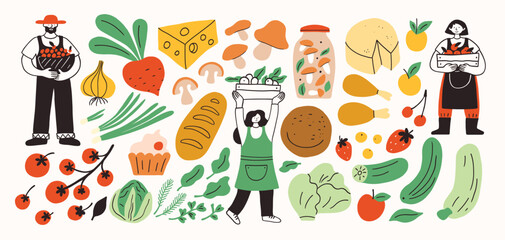 Set local market food. Farm agricultural workers or local farmers hold bucket and sell local food at market. Hand drawn simple ink vector illustration. Farming, agriculture or local organic production © Anna