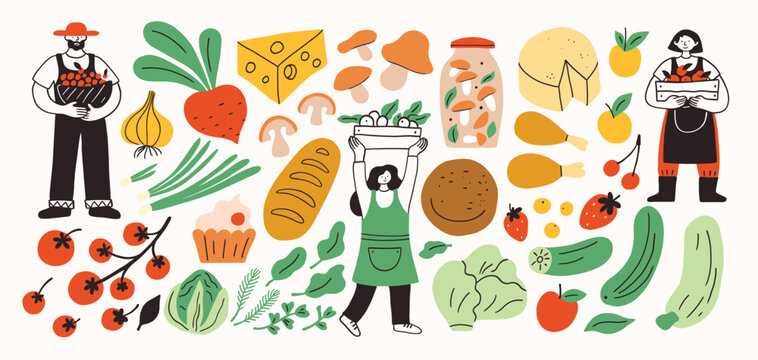 Set local market food. Farm agricultural workers or local farmers hold bucket and sell local food at market. Hand drawn simple ink vector illustration. Farming, agriculture or local organic production