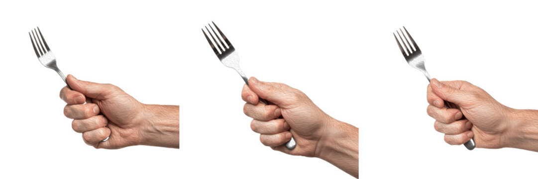 Set and collection of human hand holding metal fork in different positions, kitchen cutlery and dining equipment concept isolated on white transparent PNG background