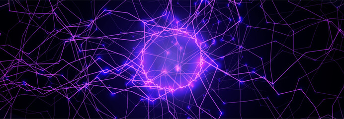 Energy Light Ring Neon Circle Net Web. Magic Portal Hole, Thunder Light Round Lightnin, Lightning Ball. Blue Purple Hole Light, Static Current Effect Background. Vector Illustration