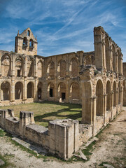 Naklejka premium Ancient Monastery Cloister Ruins in Spain - Panoramic view of a sunlit cloister in a derelict medieval monastery, with stone arches casting long shadows on the grass under a blue sky.