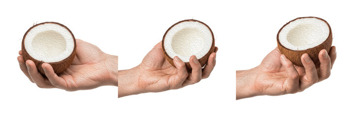 Obraz premium Set and collection of a hand holding a fresh coconut half with white pulp in three different poses, isolated on white transparent PNG background