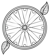 Stylized bicycle wheel with decorative leaves vector illustration line art