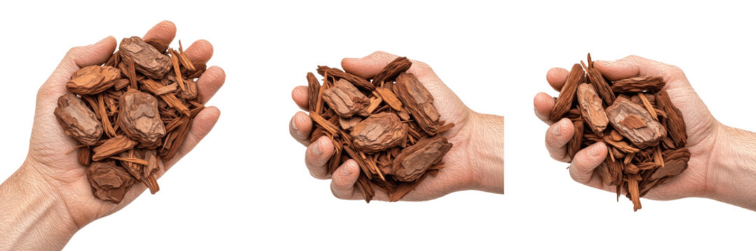 Set and collection of a hand holding handfuls of natural brown wood bark mulch in three different poses, isolated on white transparent PNG background