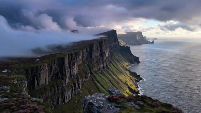 Dramatic aerial view of massive ocean cliffs shrouded in thick fog during sunrise with green grass and volcanic rock landscapes