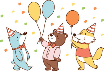 Fototapeta premium Three cartoon animals in party hats holding colorful balloons celebration