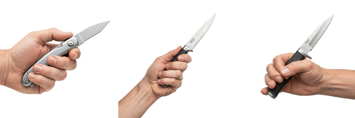 Fototapeta premium Set and collection of a hand holding a sharp pocket knife and fixed blade knife in three different poses, isolated on white transparent PNG background