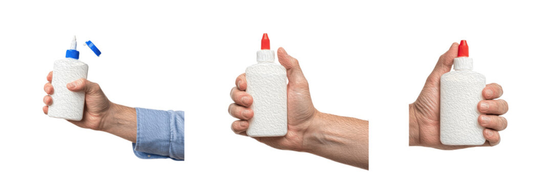 Set and collection of a hand holding a white glue bottle with red cap in three different poses, isolated on white transparent PNG background