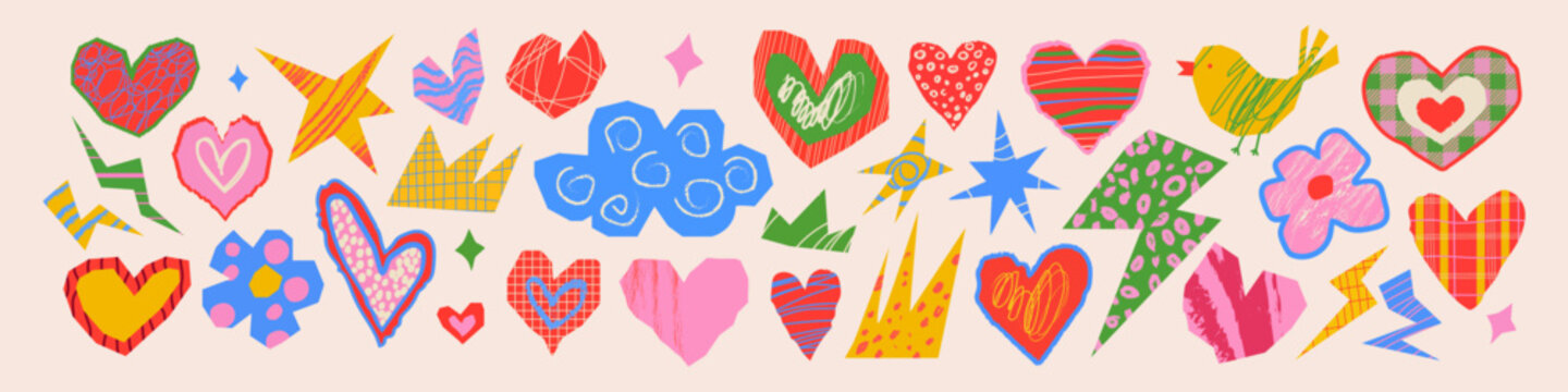 Collage scrapbook stickers with hand drawn crayon doodles and graphic patterns. Bright heart, flower, lightning and crown collage elements. Playful cutout funky shapes for Valentine projects and Y2K