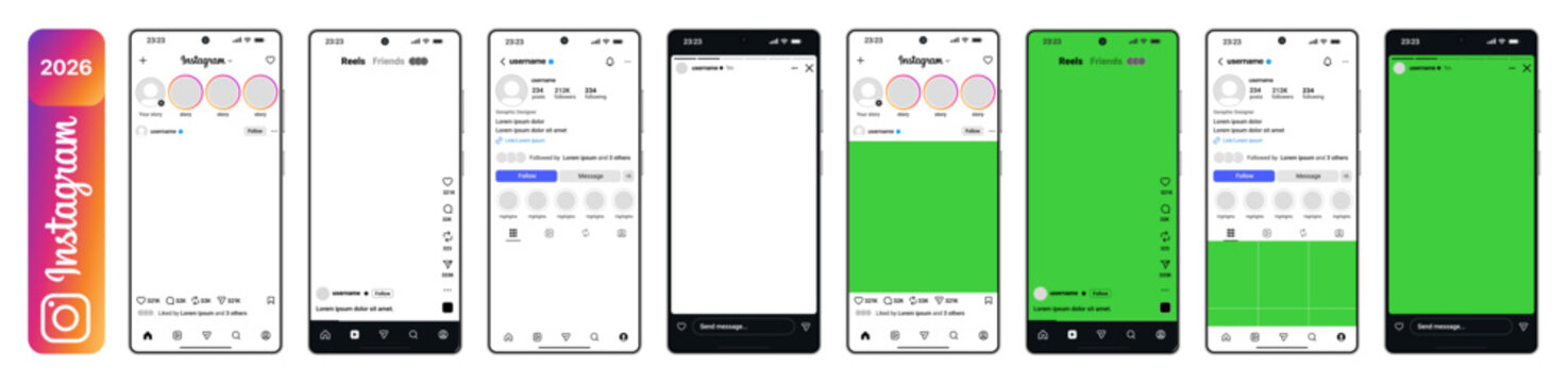 Instagram Post Reels Story Profile Mockup on Samsung Galaxy S25 Ultra, Transparent and Green Screen, Social Media Feed UI, Profile Grid, Reels Player, Story Viewer, Modern Mobile Interface