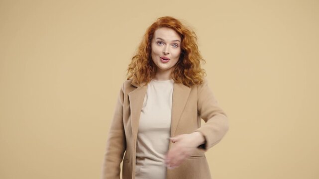 Businesswoman Asks Join, Beckons With Inviting Hand Gesture. Hey You, Come On