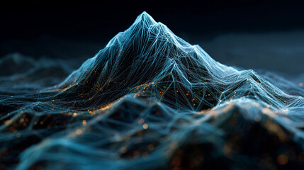 A futuristic digital representation of a mountain with glowing blue lines and nodes