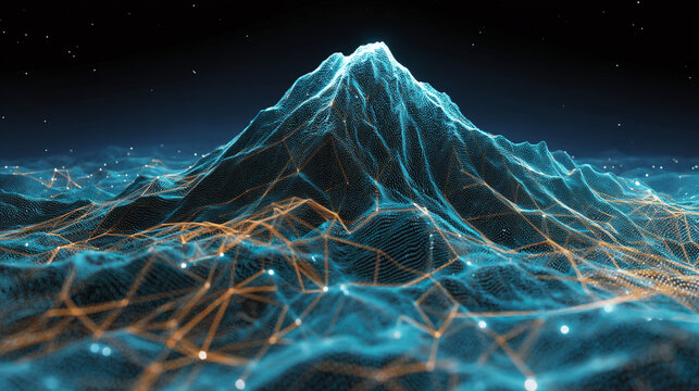 A futuristic digital mountain peak with glowing network connections at night