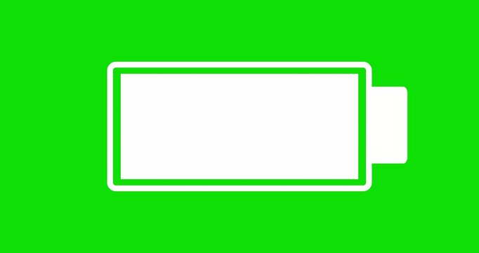 Battery charging animation on a green screen background video. Animated white battery charge level indicator. Battery icon charging indicator animation. Battery animation.