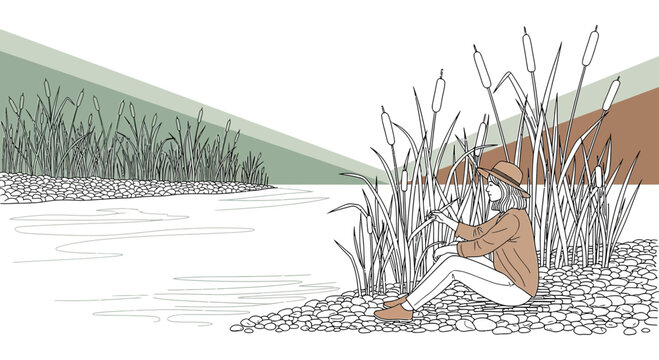 Woman Sitting by River, Peaceful Nature Scene, Outline Illustration