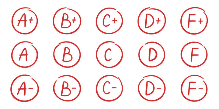 Exam grade and school test results doodle icon set. Hand drawn circled numbers, red pen marks, and teacher checks in sketch style. Vector illustration isolated on white background